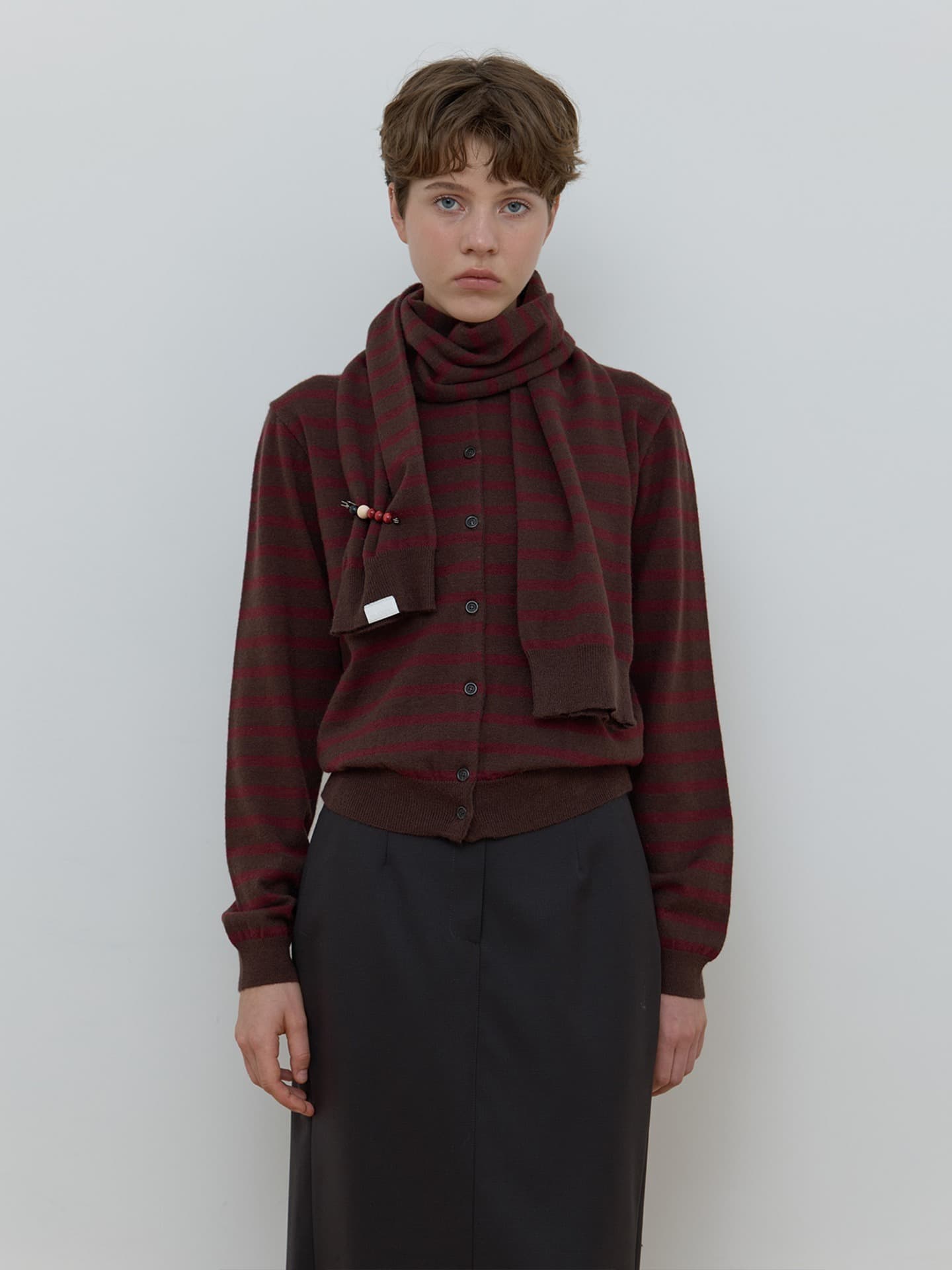 MUFFLER SET STRIPE CARDIGAN_BROWN/WINE