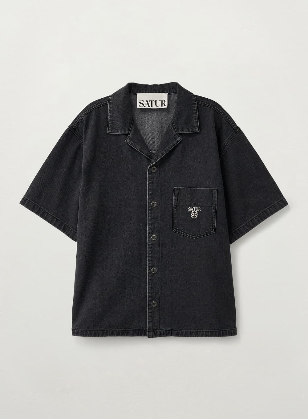 Open Collar Half Denim Shirt - Black