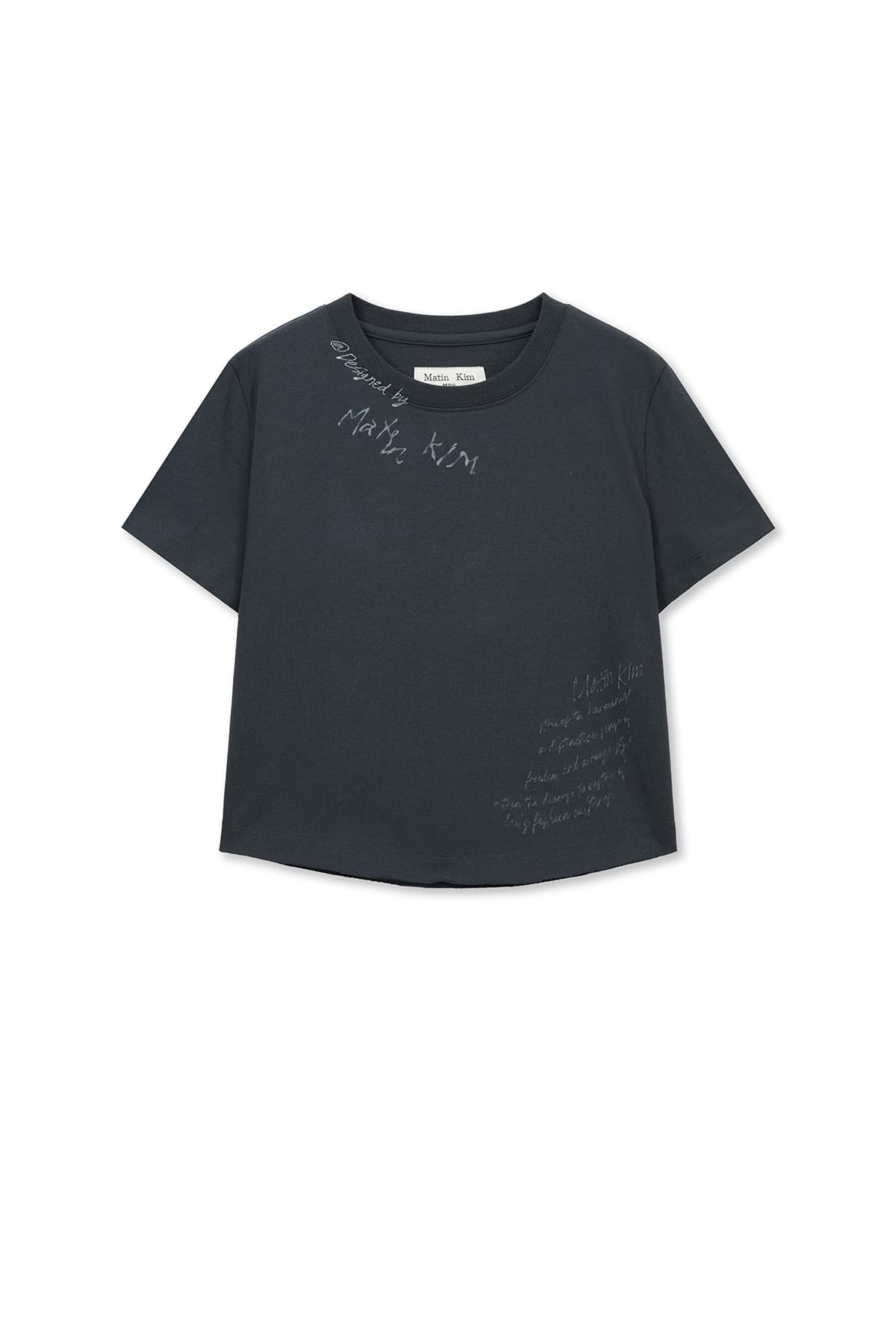 GRAFFITI ROUND HEM CROP TOP IN NAVY