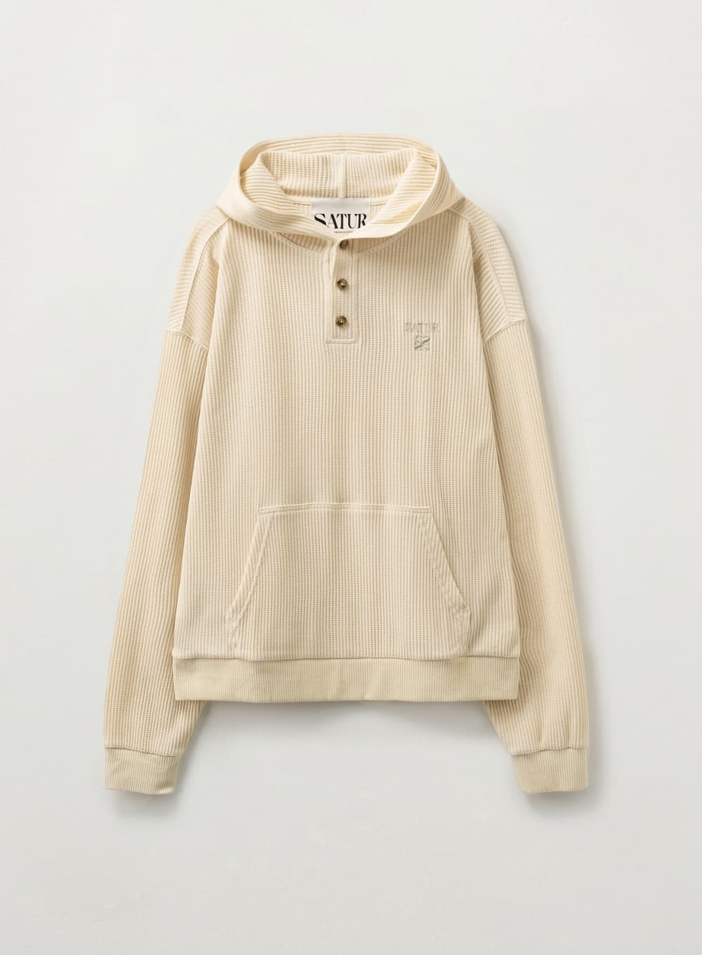Half Button Waffle Hoodie - Cream