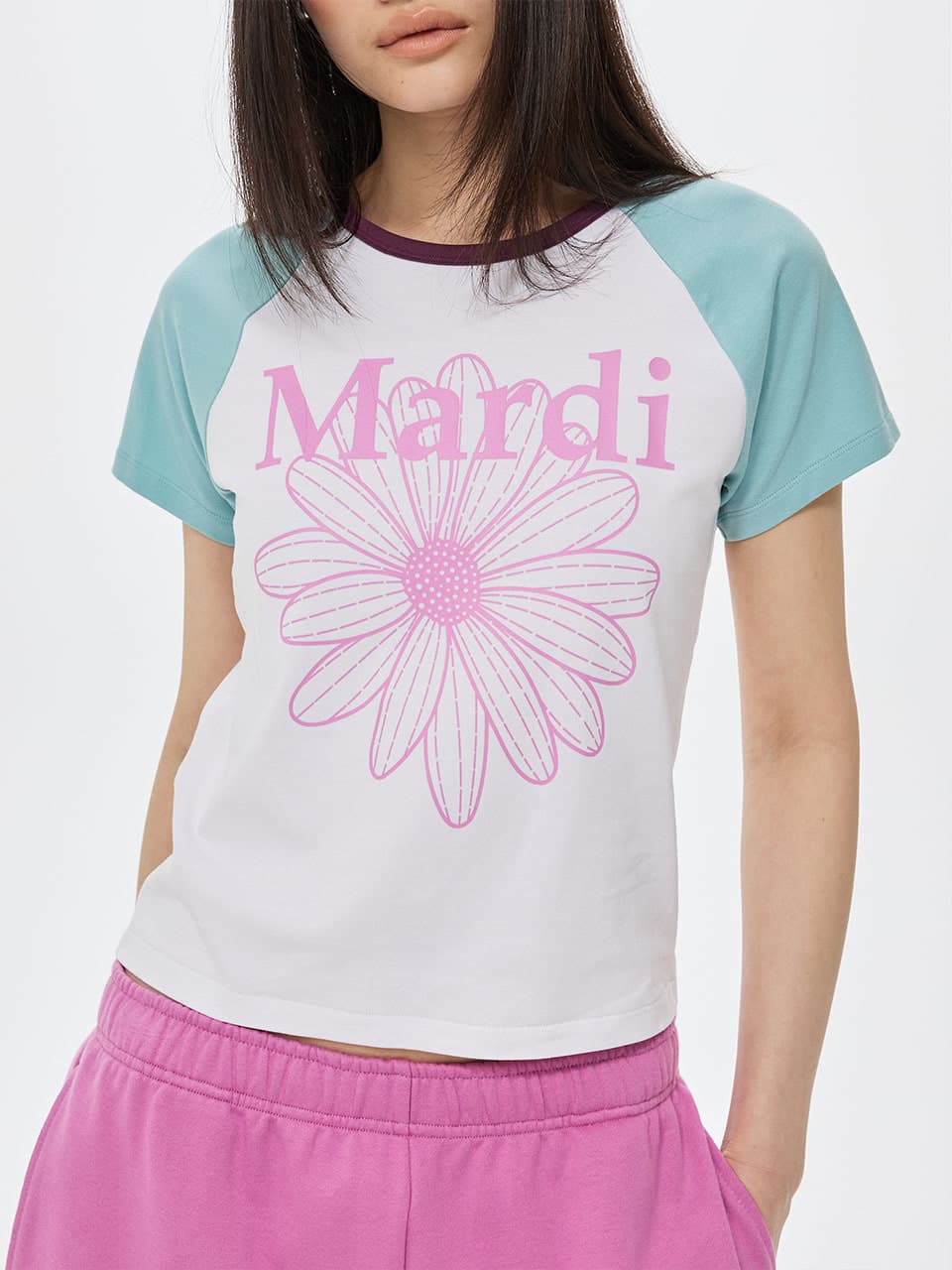 SLIM TSHIRT RAGLAN FLOWERMARDI_WHITE LAVENDER