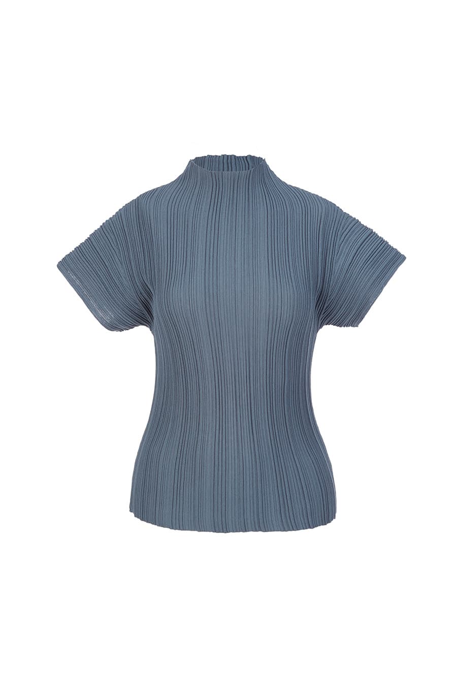 PLEATS MOCKNECK SHORT SLEEVE TOP [ASH BLUE]