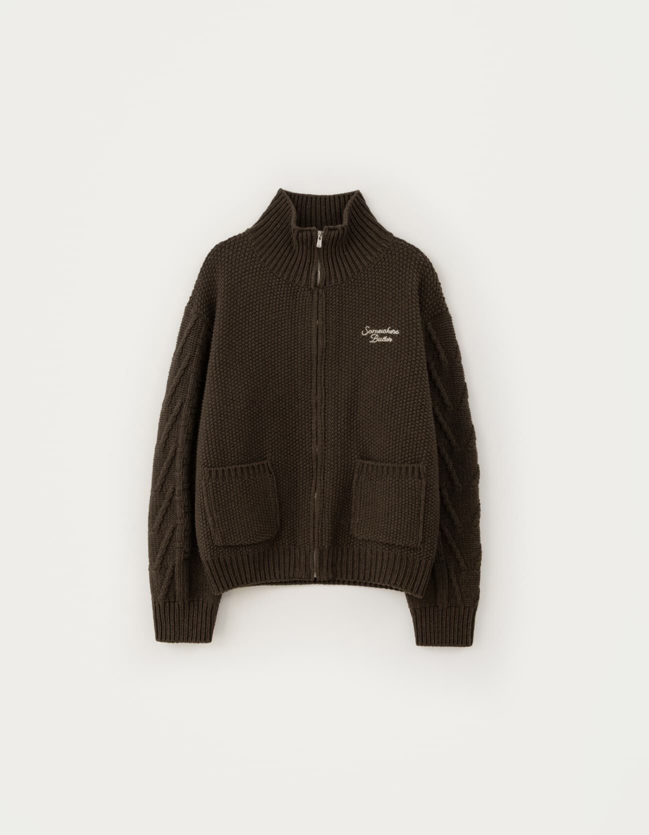 Pocket Wool Knit Zip-up - Brown