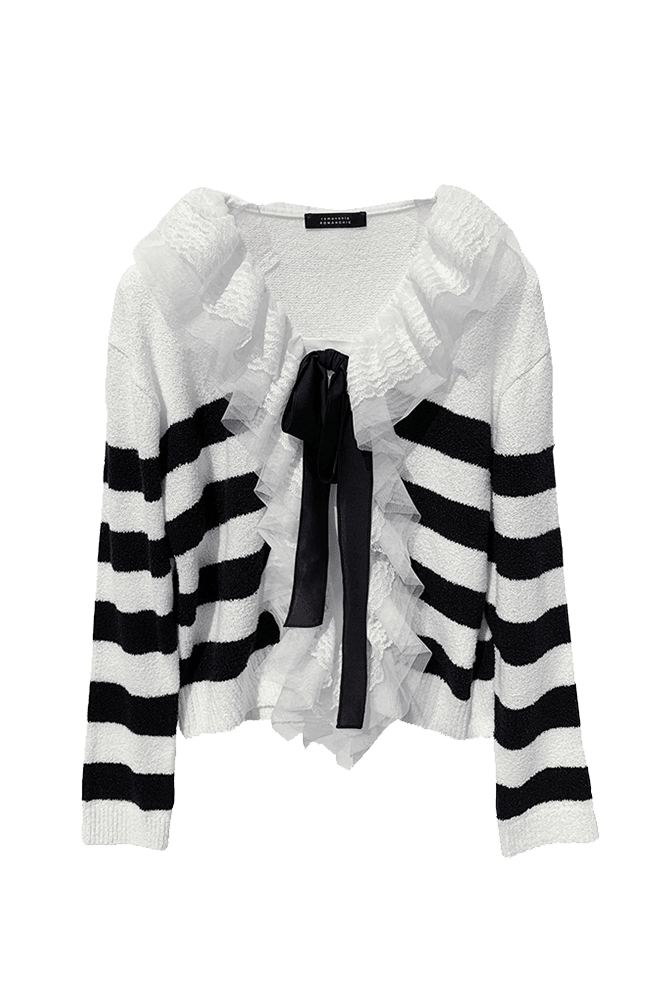 Ruffle Ribbon Stripe Cardigan (White)  지수(블랙핑크) 착용