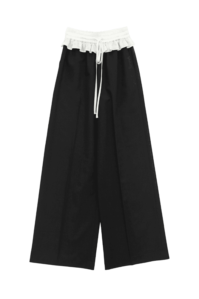 Ruffle Waist Drawstring Wide Pants (Black)