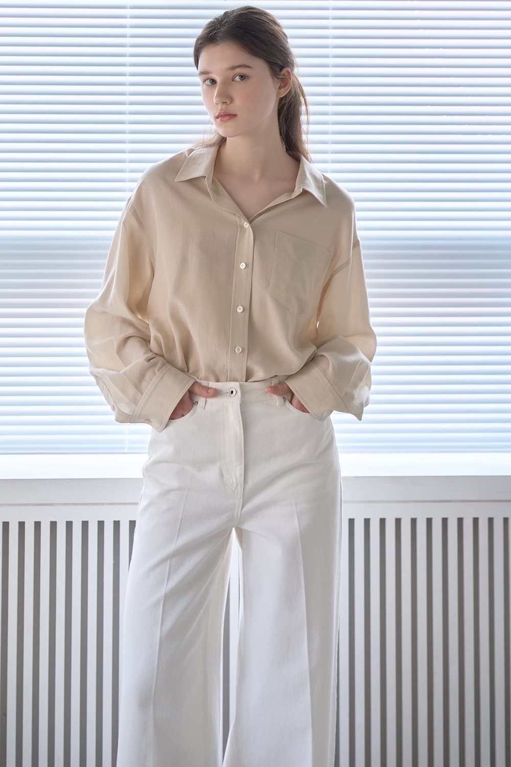 Lyocell-blend fluid shirt Milktea [N6PSBL05]