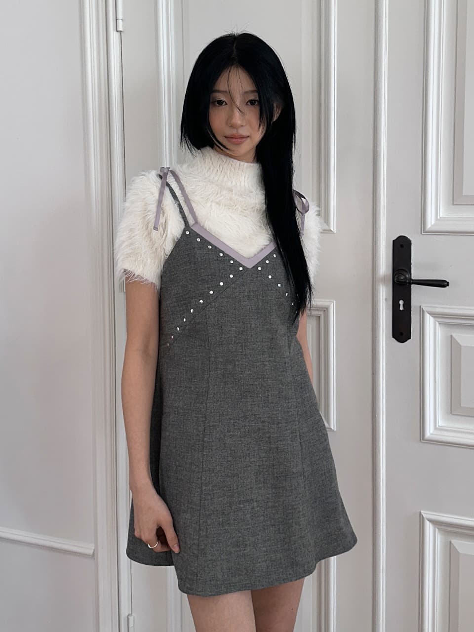 STUDS LAYERED MINI DRESS (GREY)