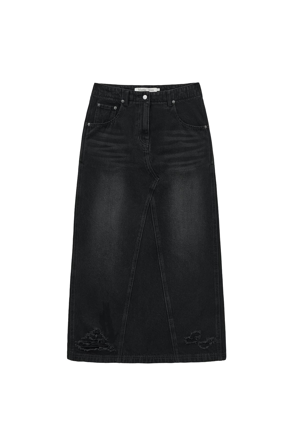 DAMAGE POINT LONG DENIM SKIRT IN BLACK