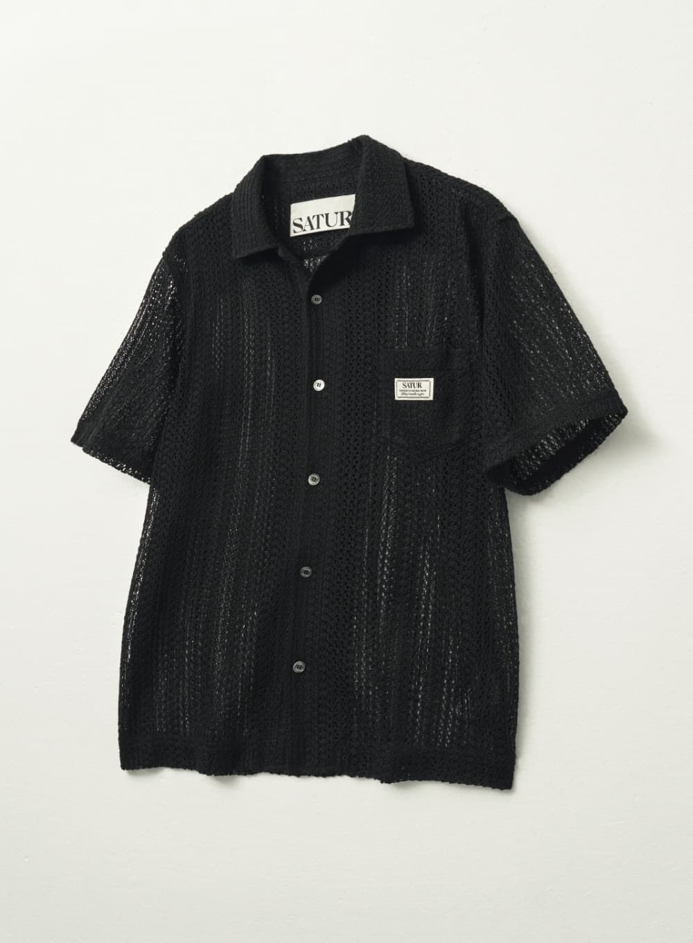 Crochet Open Collar Half Shirt - Black