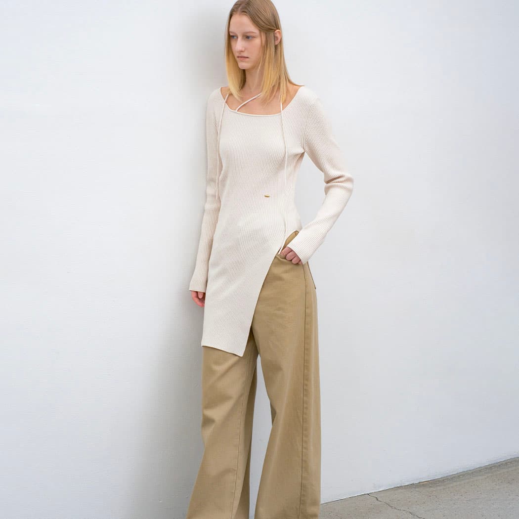 (T-7141)VELVET RIBBED STRAP LONG SLIM KNIT