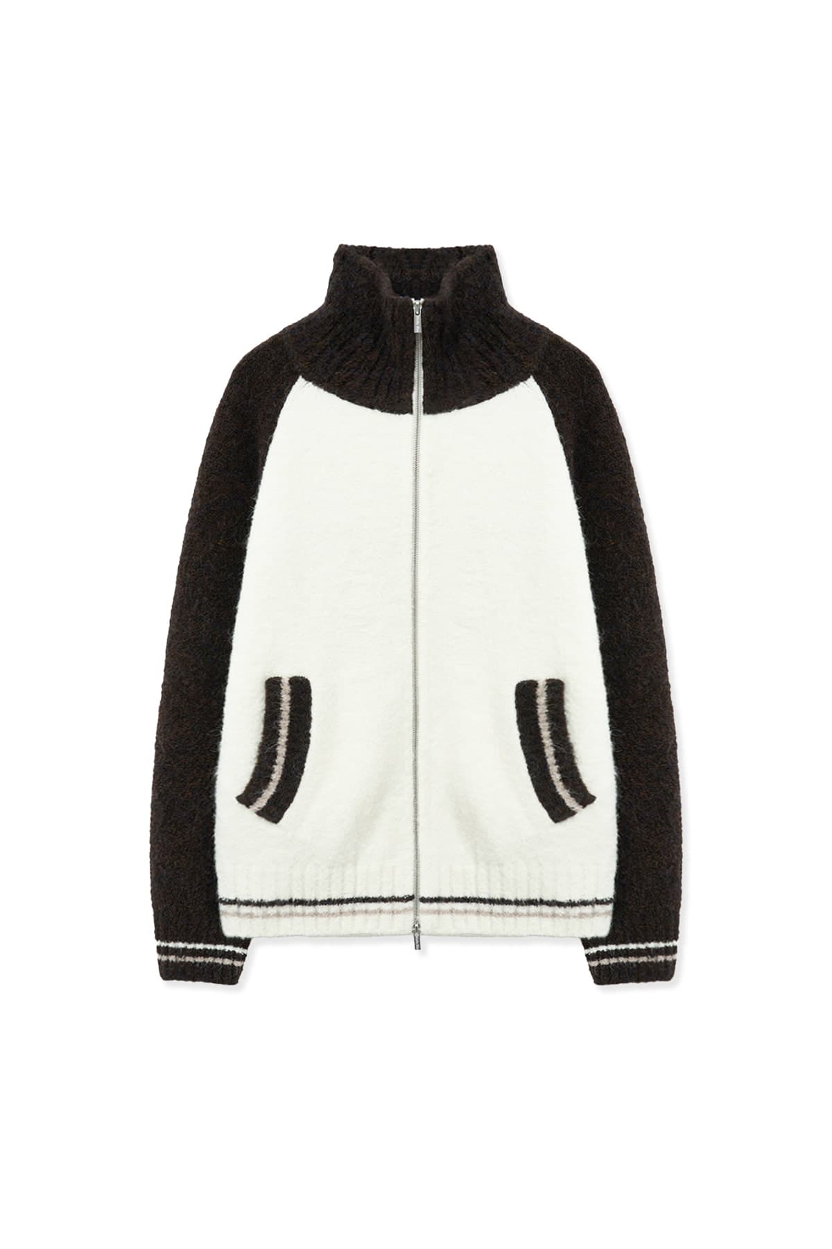 HIGH NECK RAGLAN KNIT ZIP UP FOR MEN IN DARK BROWN