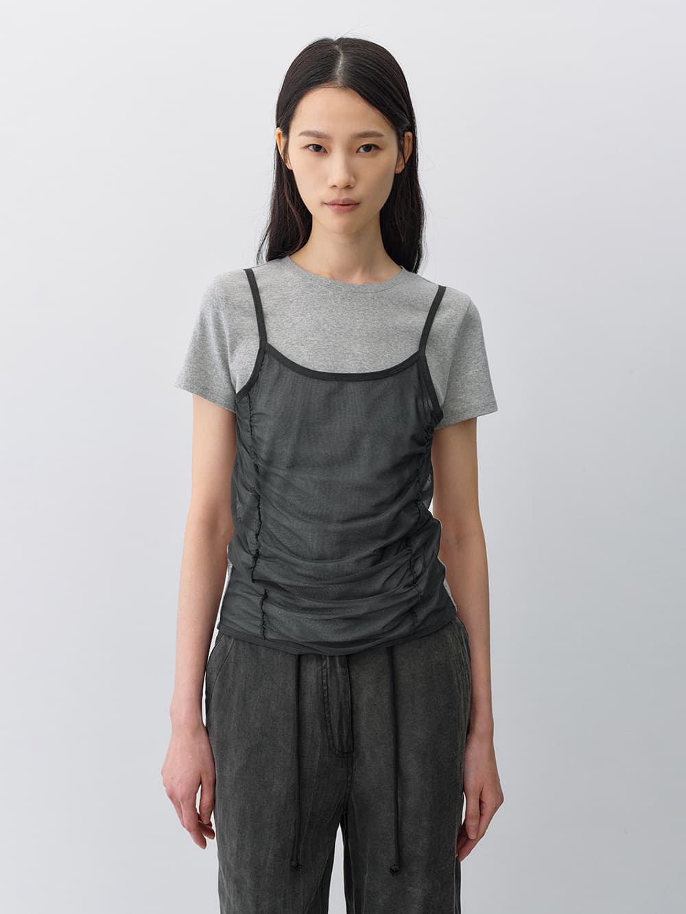 메쉬 레이어드 숏슬리브 MELANGE GREY