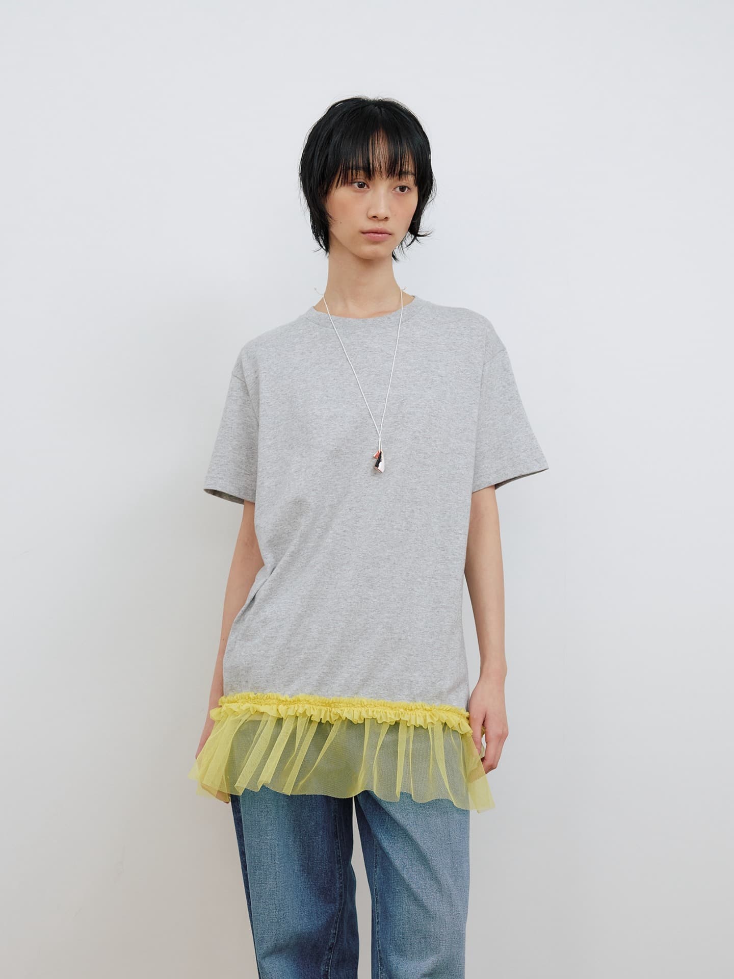 SHIRRING DETAIL T-SHIRT_GREY/YELLOW