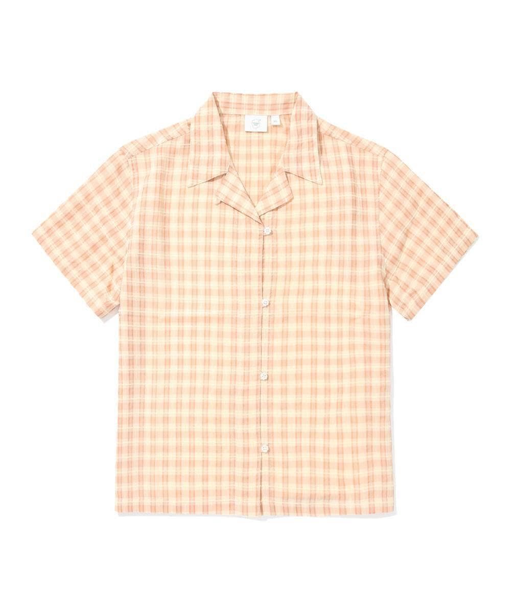 우먼 오픈 카라 체크 하프 셔츠 Salmon