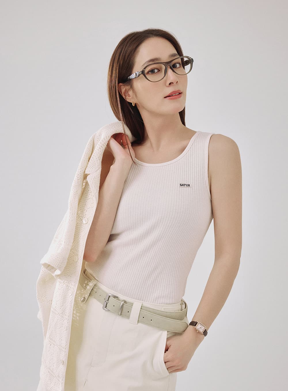 (W) Logo Ribbed Sleeveless - Cream