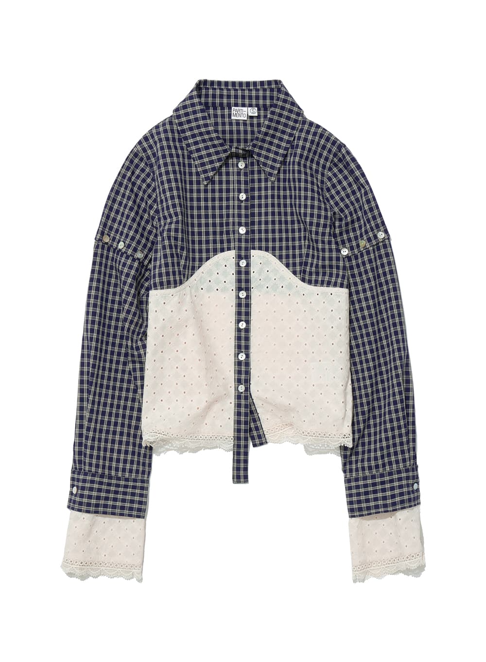 CHECK LACE EMBROIDERY COMBI SHIRT_NAVY
