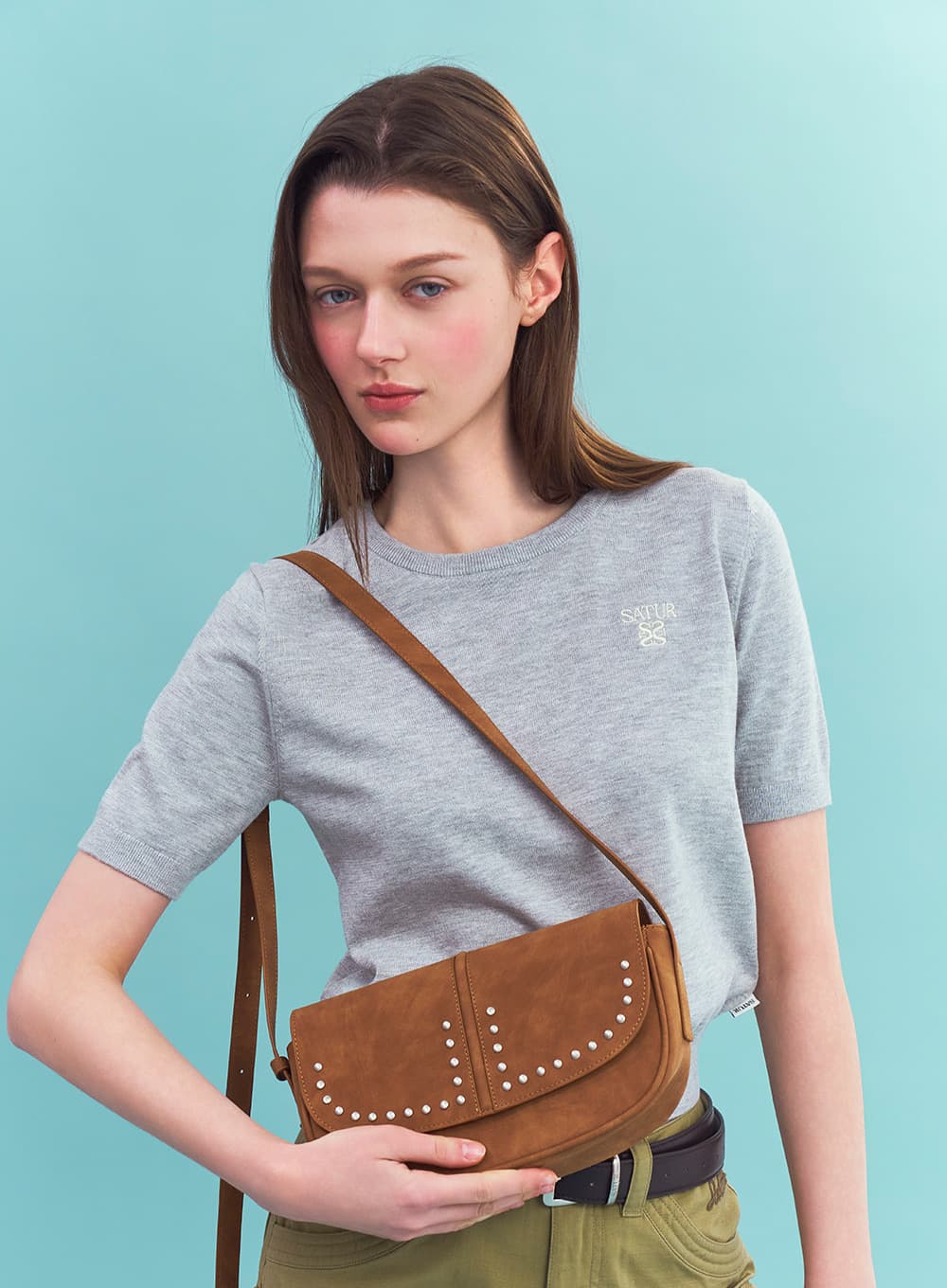 Halfmoon Studded Mini Shoulder Bag - Camel