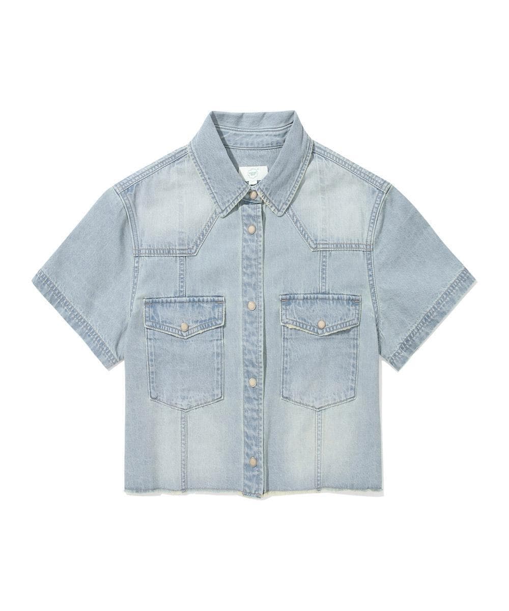우먼 포켓 데님 하프 셔츠 Light Blue