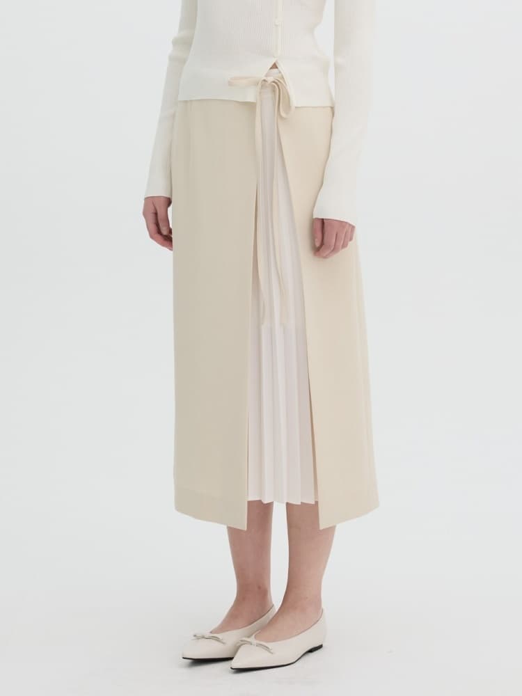 플리츠 배색 H라인 롱 스커트 OW5SS1650