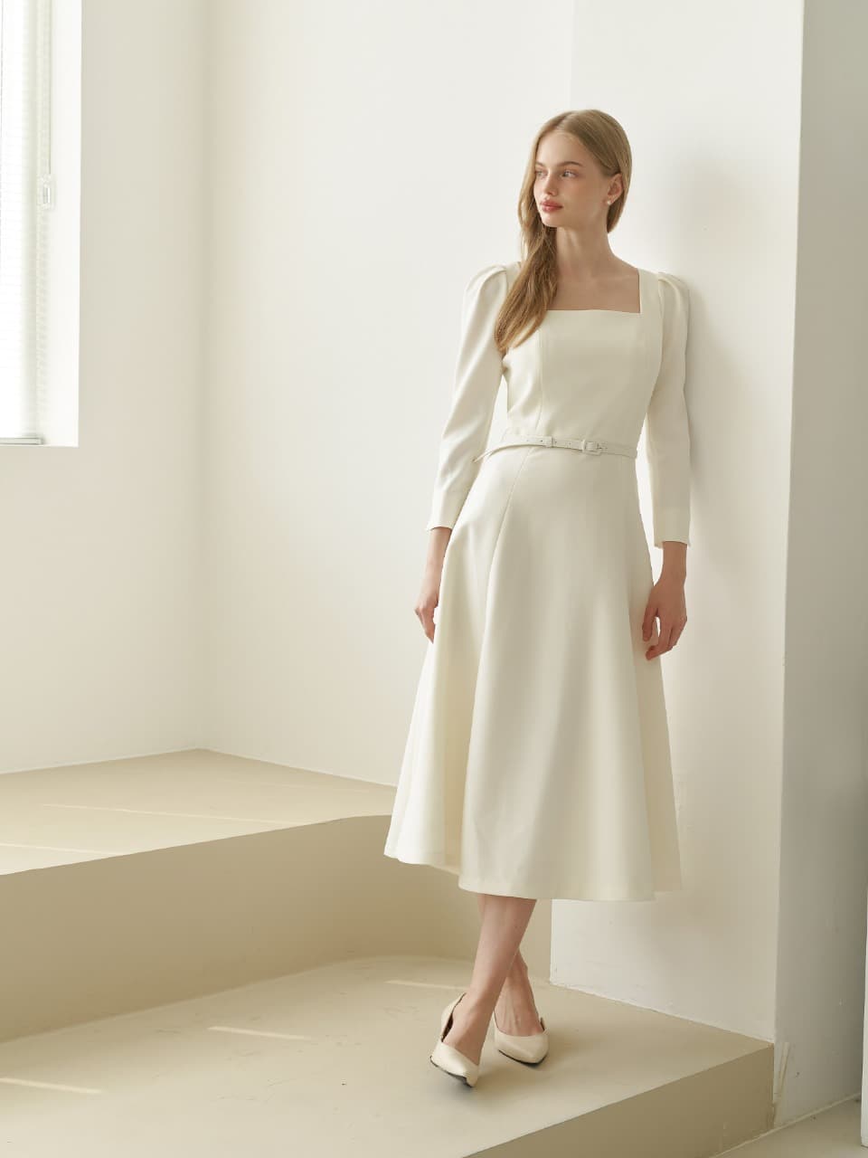 Square-neck Flare Dress(LL) / Ivory(5color)