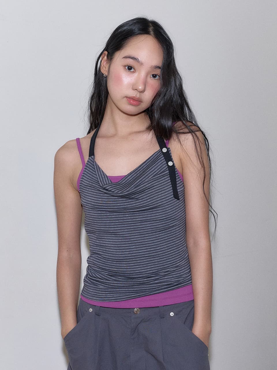 STRIPE HALTER TOP (CHARCOAL)