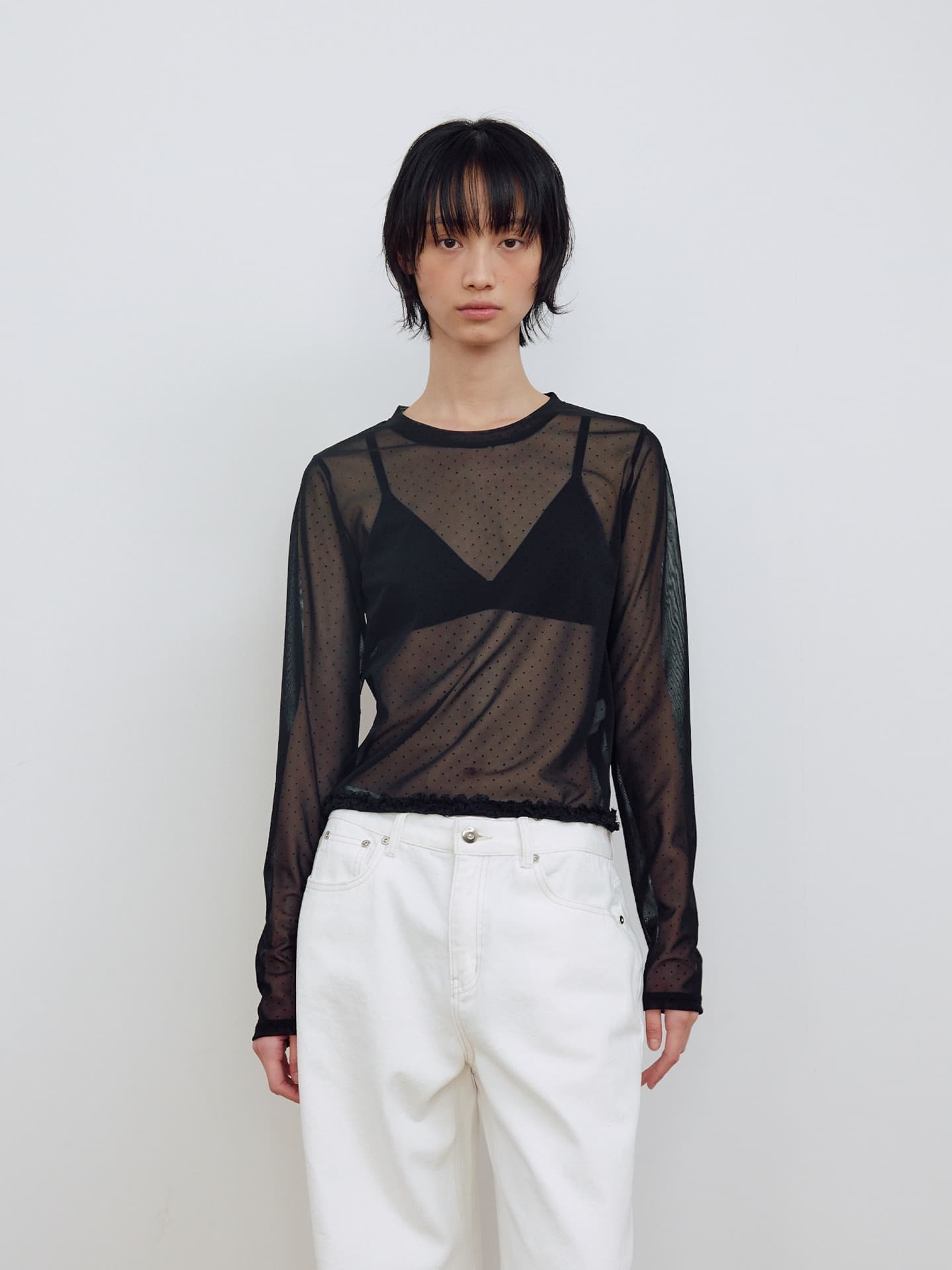 DOT MESH SHEER LONG SLEEVE TOP_BLACK