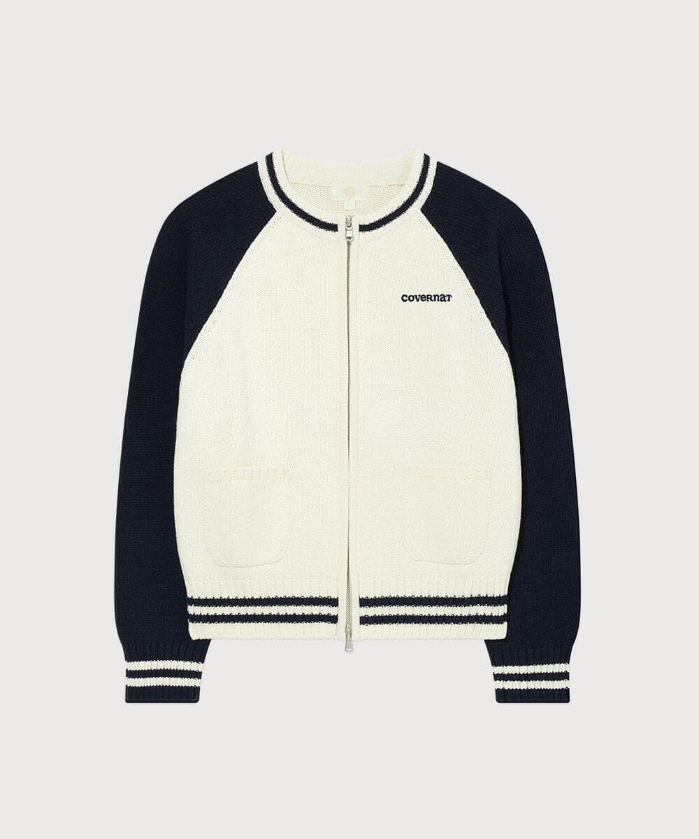우먼 바시티 집업 니트 가디건 Navy