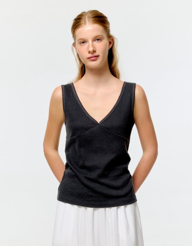 pigment eyelet v neck layered sleeveless - charcoal