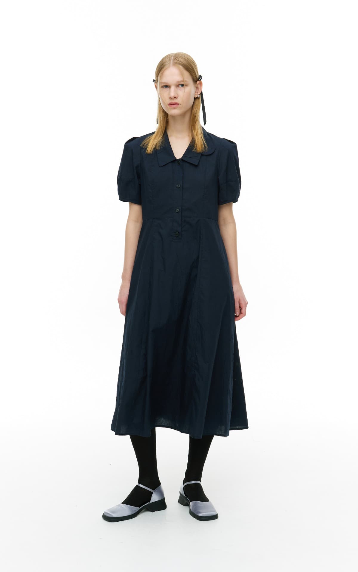CRINKLE VOLUME COLLAR DRESS_NAVY