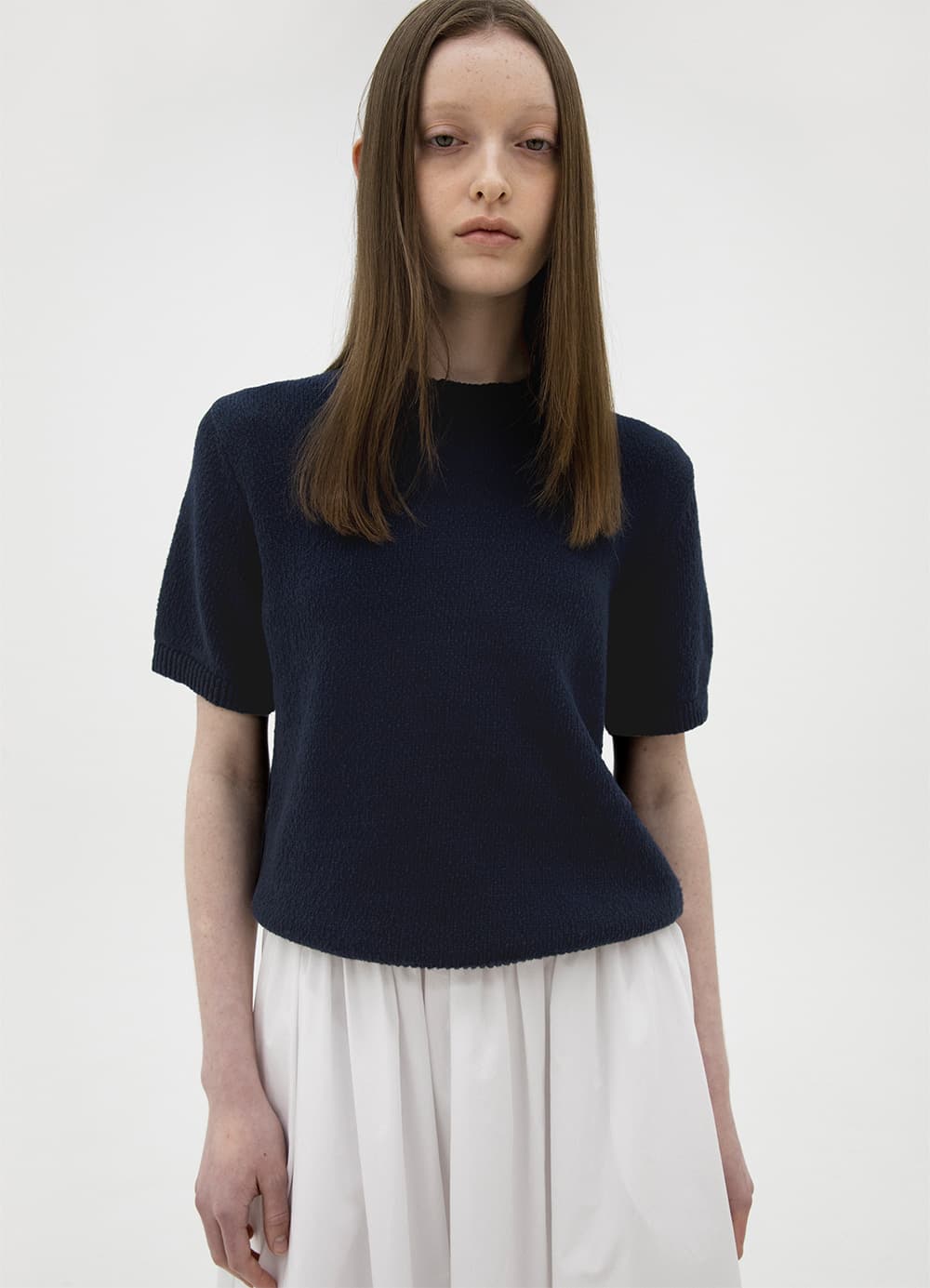 Half-Sleeve Boucle Knit Top - Navy