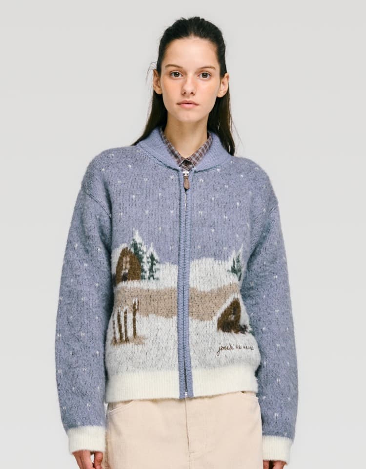 ski resort graphic knit zip up - smoke blue