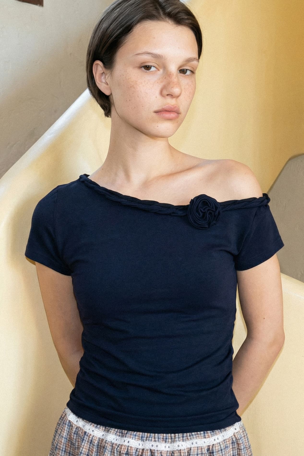 Braided One-Shoulder T-Shirt (Navy)