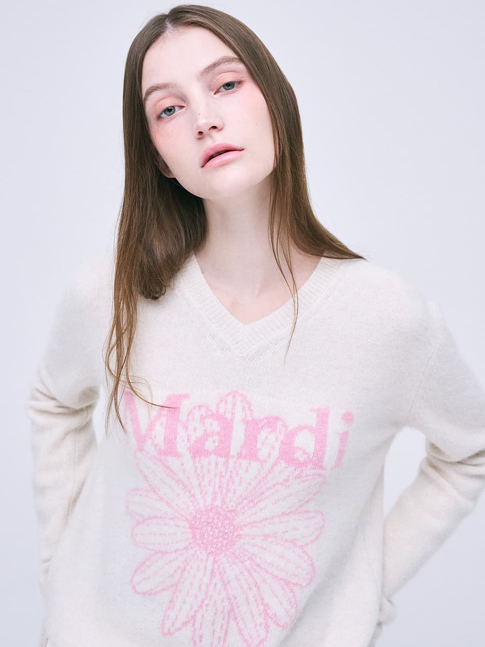 RACCOON BLENDED V NECK FLOWERMARDI_IVORY PINK