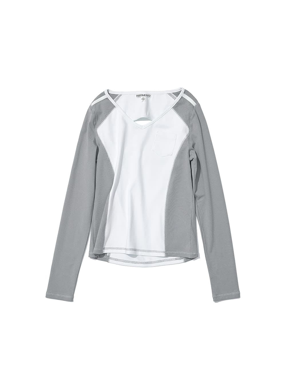 CUT OUT V-NECK COLORBLOCK LONG SLEEVE TEE_WHITE