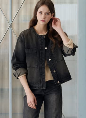 로우 엣지 크루넥 데님 자켓 [BLACK]