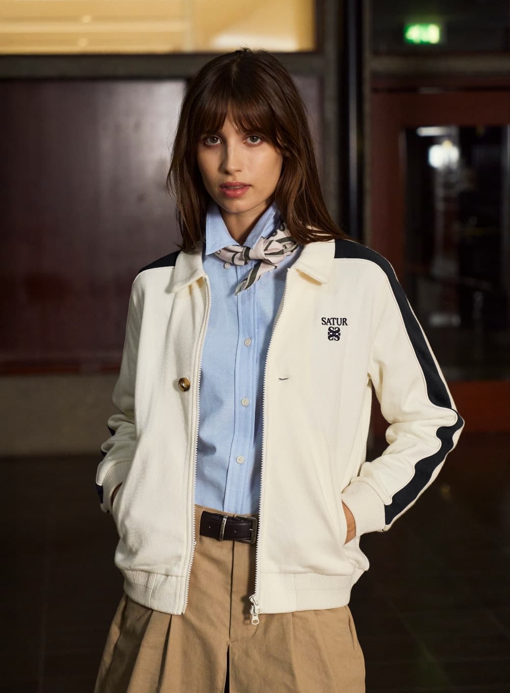 (W) Lawton Lining Collar Track Zip-up Jacket - Cream Black