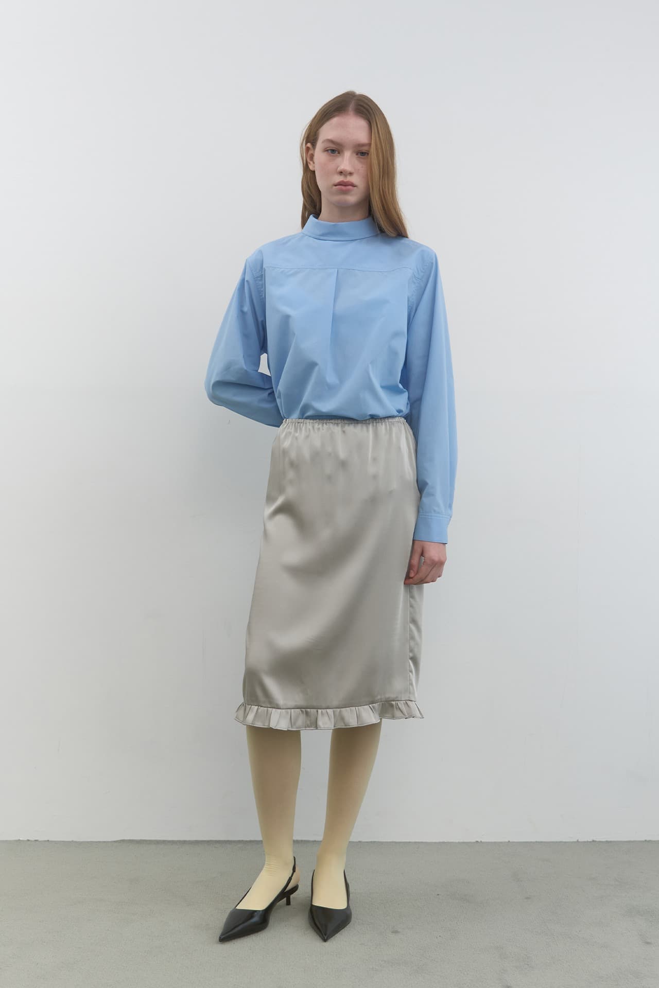 FRILL LAYERED SATIN SKIRT_GREY
