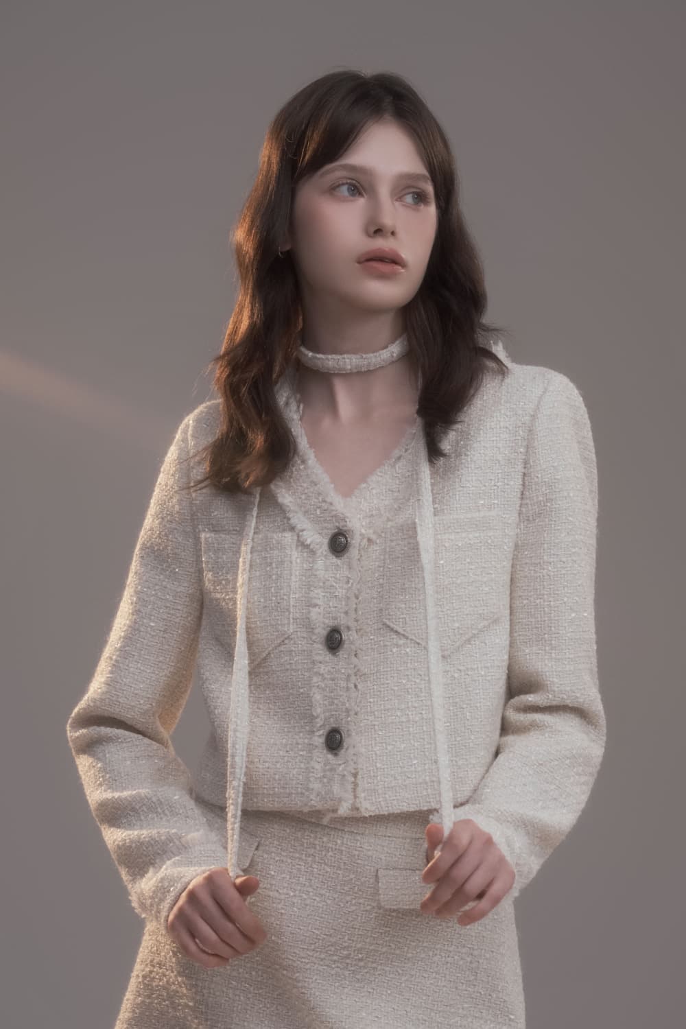 Fringed Tweed String Jacket - Ivory