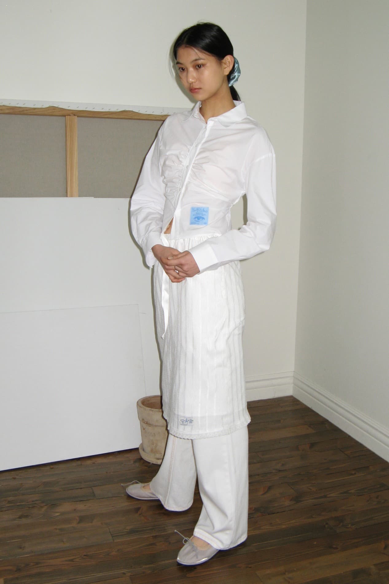 Cotton Croped Shirring Shirt (White)