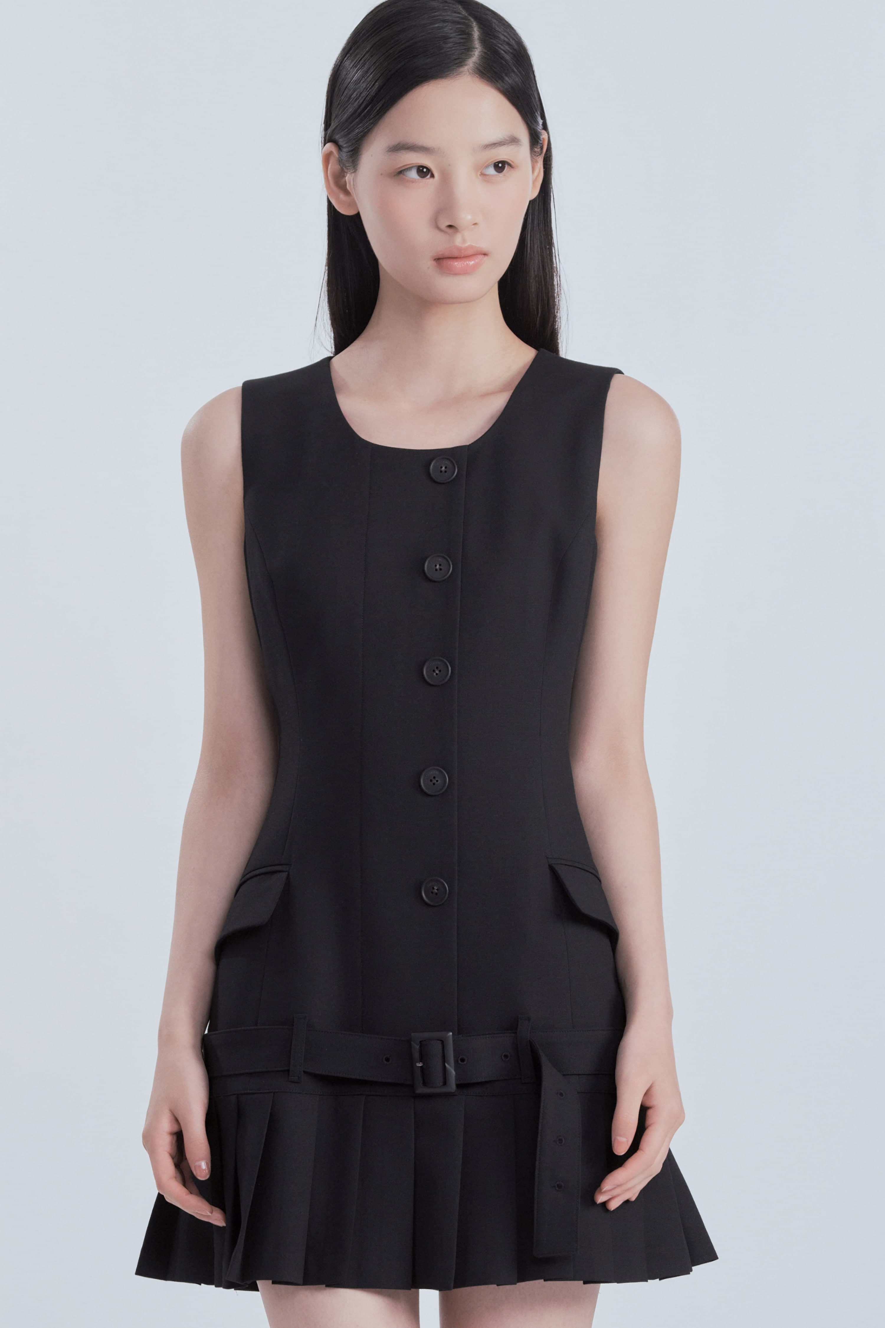 Sleeveless Pleated Suit Dress - Dark Navy
