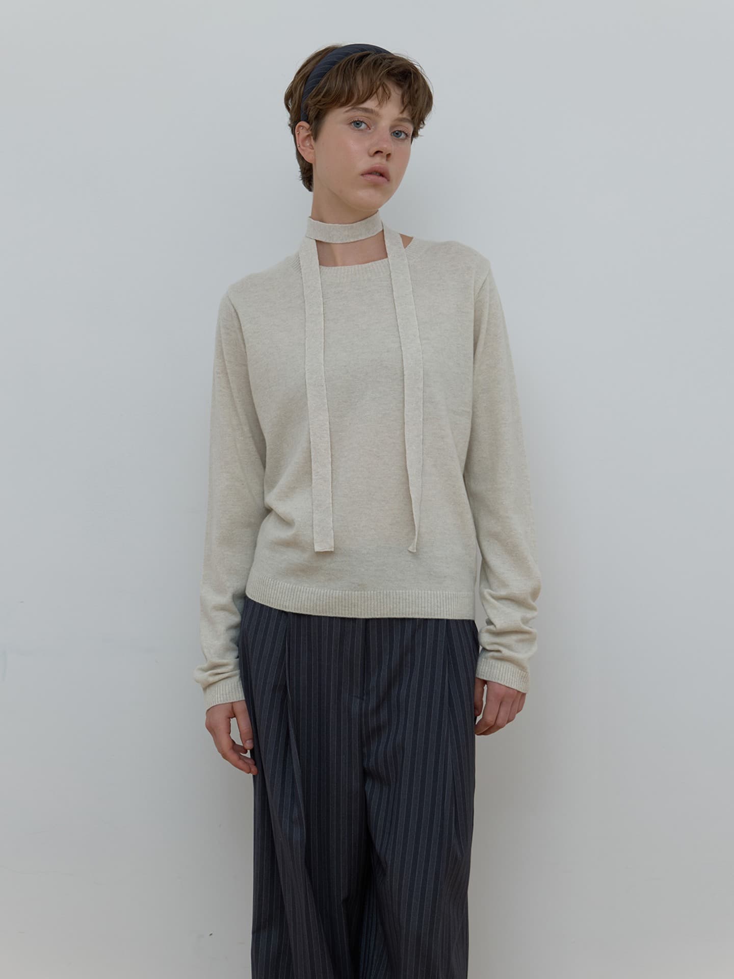 TIE SET U-NECK CASHMERE KNIT_OATMEAL