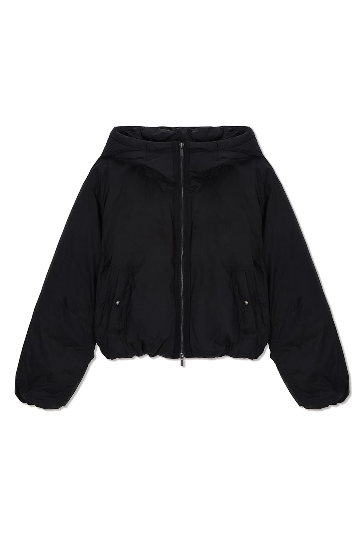 BACK LOGO HOODY SHORT DOWN JUMPER IN BLACK