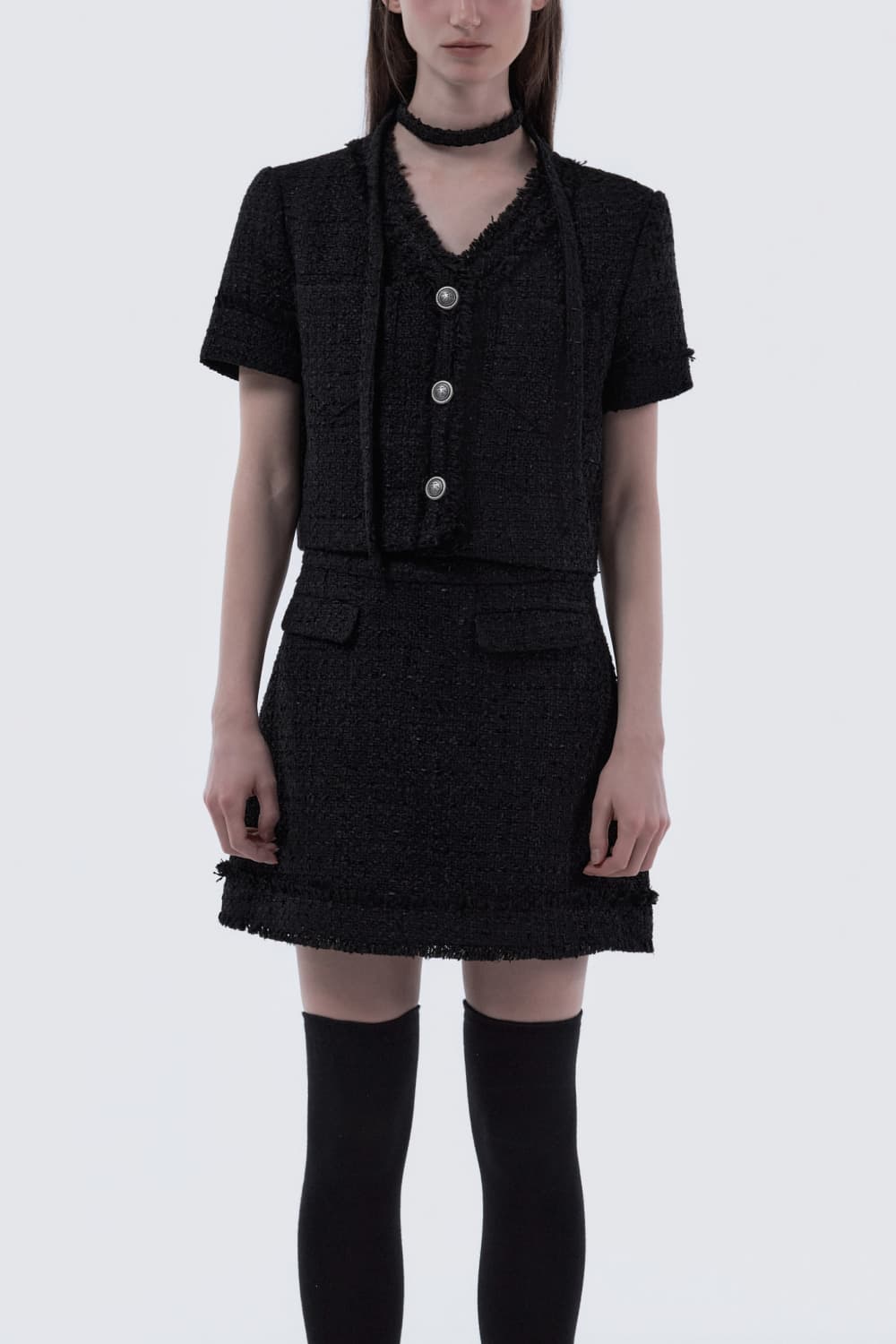 Fringed Tweed Skirt - Black