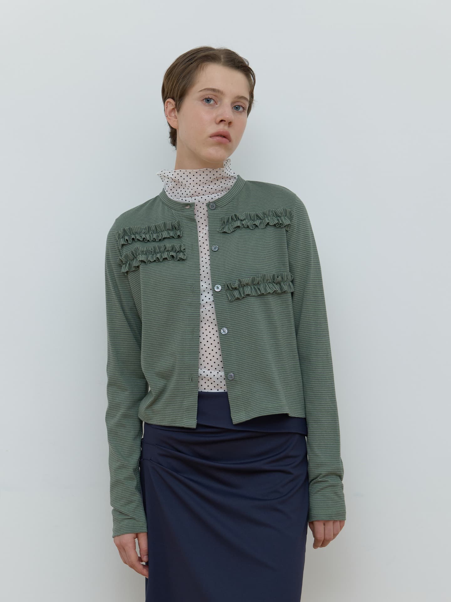 STRIPE FRILL CARDIGAN_GREEN