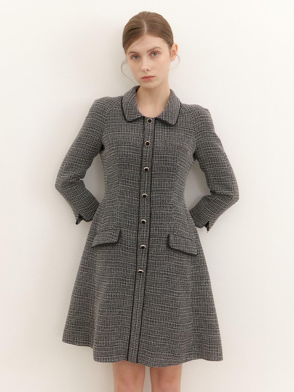 Tweed Chiffon-Trim Midi Dress / Check(3Color)
