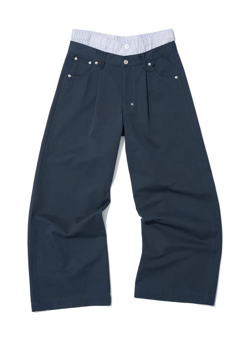 DOUBLE WAIST PLEATED WIDE LEG PANTS_NAVY