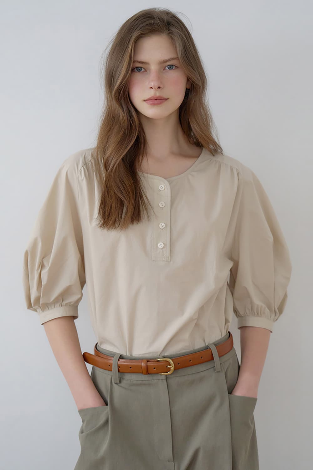 Volume-sleeve henley neck blouse Milktea [N6MBL06]