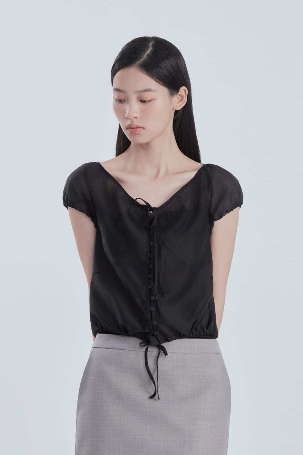 Sheer Ribbon Tie Shirring Blouse - Black