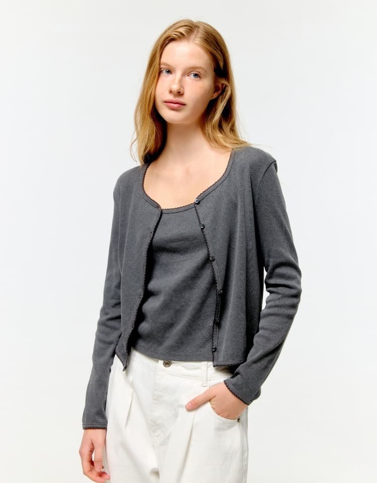 pigment eyelet sleeveless cardigan set - charcoal