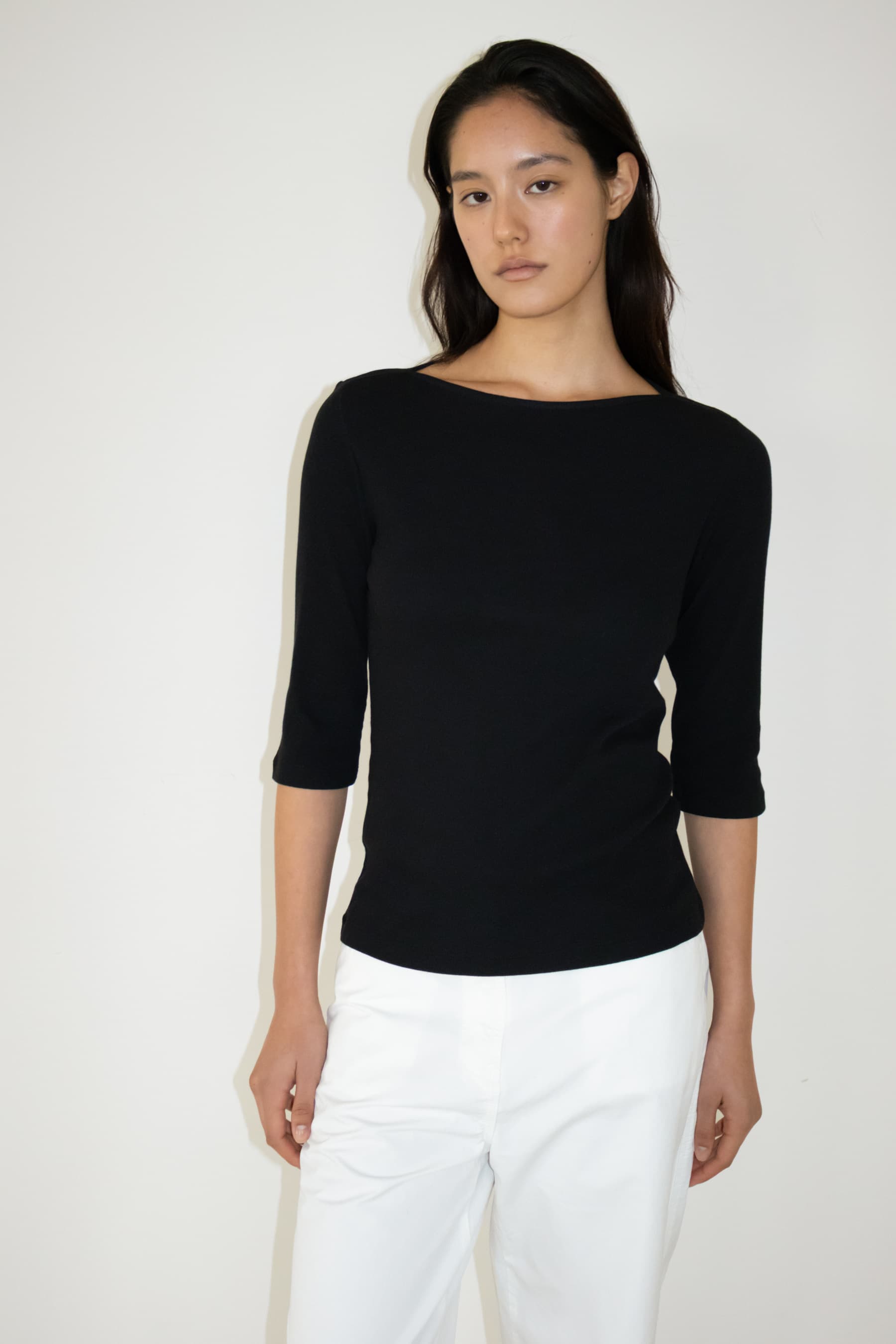 Ribbed Boat Neck Half Sleeve Top (Black)